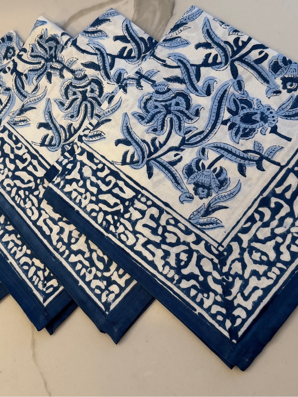 Blue and White Floral Border Hand Printed Napkins - Set of 4